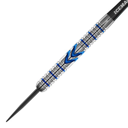 Das Bild zeigt einen Steeldart mit silberner Oberfläche und blauen Akzenten. In der Mitte befindet sich ein markantes blaues Muster in Pfeilform.