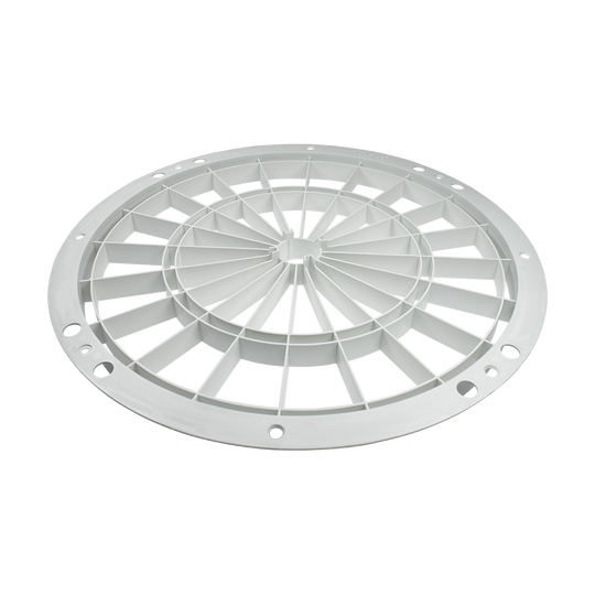 DKS01_L-wen_Dart_Original_Ersatzteile_Komplett_Set_3 Das Bild zeigt ein weißes Ersatzteil für ein elektronisches Dartboard. Es ist rund und besteht aus robustem Kunststoff mit mehreren Verstrebungen.