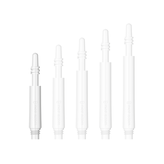 400315_8Flight_Regular_Spin_Shafts_White_19mm_1fZuXeyx0zZPWR Das Bild zeigt fünf weiße Dartschäfte des Modells „8 Flight Regular Spin“. Die Schäfte sind in unterschiedlicher Länge angeordnet.