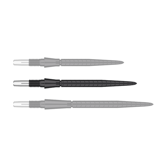 Target Swiss Storm Quartz Dart Tips - Black Das Bild zeigt drei schwarze Dartspitzen, die nebeneinander angeordnet sind. Die Spitzen haben einen silbernen Ansatz und sind länglich geformt.