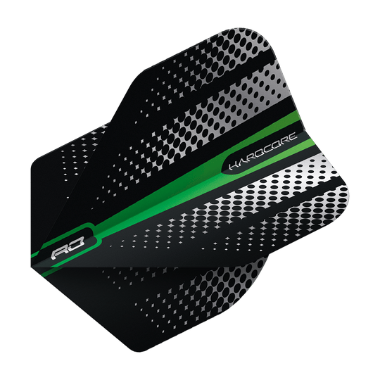 Das Bild zeigt das Produkt "Red Dragon Hardcore Radical Green Flash Standard Flights". Die Dart-Flight ist schwarz mit silbernen Punkten und einem grünen Streifen.