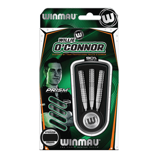 Winmau Willie OConnor Steel Darts - 23g Die Verpackung zeigt die Winmau Willie O’Connor Steeldarts mit einem Gewicht von 23 Gramm. Im Inneren sind drei silberne Steeldarts zu sehen.