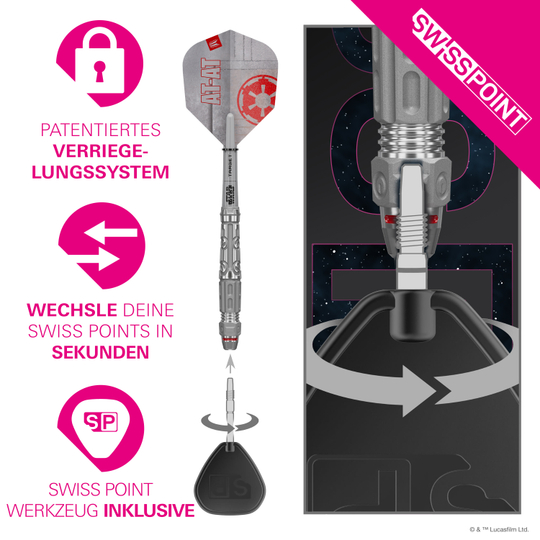 Target Star Wars AT-AT Swiss Point steel darts Hier sind die Target Star Wars AT-AT Swiss Point Steeldarts abgebildet. Die Darts haben ein einzigartiges Design aus dem Star Wars Universum.