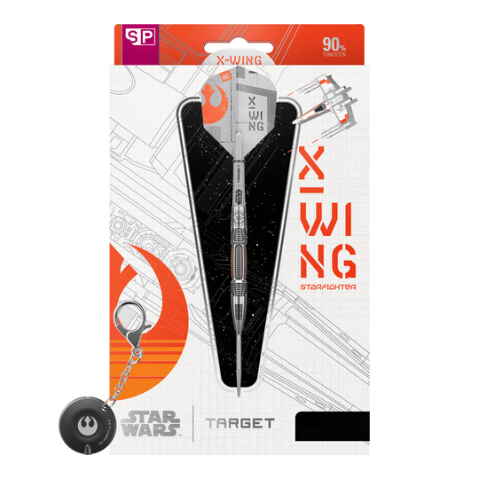 Target Star Wars X-Wing Swiss Point Steel Darts Zu sehen ist das Produkt Target Star Wars X-Wing Swiss Point Steeldarts. Diese Steeldarts sind inspiriert von dem berühmten X-Wing aus Star Wars.