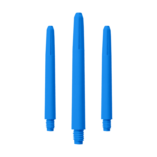 574_Nylon_Shafts_Blau_48mm_1 Das Bild zeigt drei blaue Nylon-Schäfte. Sie sind nebeneinander angeordnet und haben ein Schraubgewinde am unteren Ende.