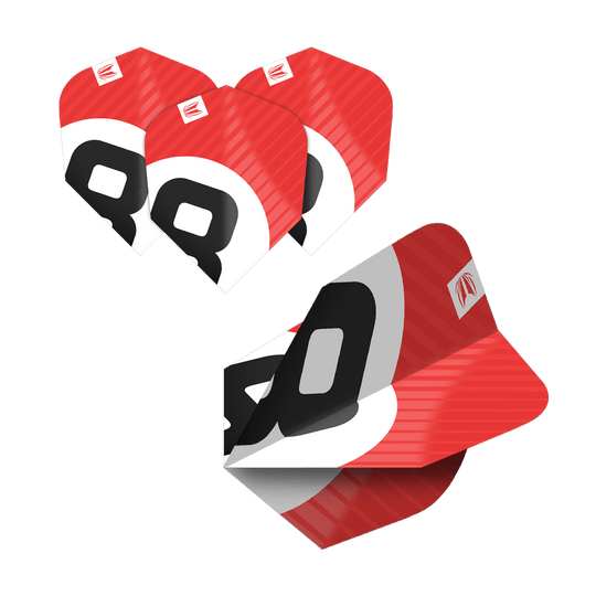 Das Bild zeigt fünf Sets der Target Pro Ultra Chicane Multipack Ten-X Dartflights. Die Flights sind rot, schwarz und weiß gestaltet und tragen eine auffällige Nummer 80.