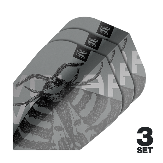 Target Pro Ultra Volar No6 Flights - 3 Sets Das Bild zeigt drei Sets der Target Pro Ultra Volar No6 Flights. Die Flights sind grau mit einem detaillierten Insektenmotiv gestaltet.