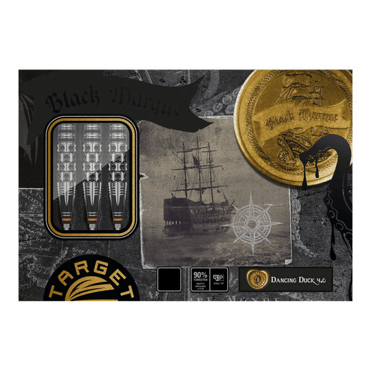 Target Japan Black Marque Dancing Duck GEN 4 steel darts Die Abbildung zeigt die Verpackung der "Target Japan Black Marque Dancing Duck GEN 4 Steeldarts". Auf der Verpackung sind drei Darts, ein Schiff und ein goldener Münzen-Print zu sehen.