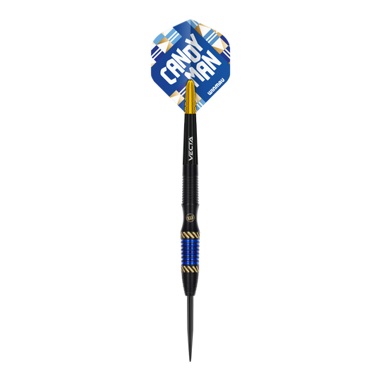 Winmau Rashad Sweeting Steeldarts - 24g Das Bild zeigt einen Winmau Rashad Sweeting Steeldart mit 24g Gewicht. Der Dart hat blaue und goldene Akzente sowie eine Flight mit der Aufschrift "CANDY MAN".