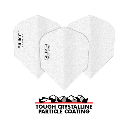 Harrows Silica Solid Tough Crystalline Coating White No6 Flights Das Bild zeigt drei weiße Dartflights mit der Aufschrift "SILIKA HARROWS". Darunter steht "TOUGH CRYSTALLINE PARTICLE COATING" zusammen mit einer grafischen Darstellung von Kristallen.