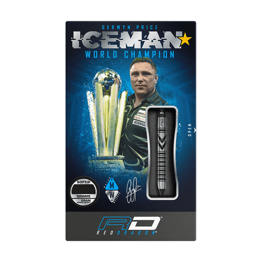 Auf der Verpackung sind die Red Dragon Gerwyn Price Thunderbolt Softdarts - 20g abgebildet. Im Hintergrund sieht man ein Bild von Gerwyn Price mit einem Pokal und der Aufschrift "ICEMAN World Champion".