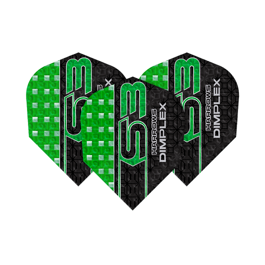 Das Bild zeigt drei grüne und schwarze Dart-Flights des Modells "Harrows Dimplex S3". Auf den Flights steht der Text "Harrows Dimplex S3" in grüner und weißer Schrift.