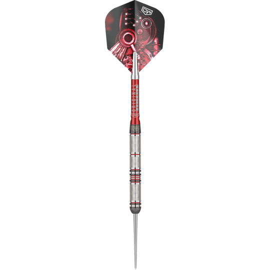 DW Piranha Razor 01 steel darts Das Bild zeigt den Steeldart "DW Piranha Razor 01". Der Dart hat ein silbernes Griffstück mit roten Akzenten und eine Flight mit mechanischem Design.