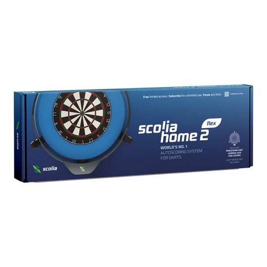 Scolia Home 2 FLEX - Electronic Autoscoring System 2026 Das Bild zeigt die Verpackung des Produkts "Scolia Home 2 FLEX – Elektronisches Punktesystem". Es ist ein automatisches Auswertungssystem für Darts.