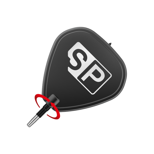 Target Swiss Point Black dart tips Das Bild zeigt eine schwarze Dartspitze mit der weißen Aufschrift "SP". Im unteren Bereich ist ein rotes Element zu sehen, das die Spitze hervorhebt.
