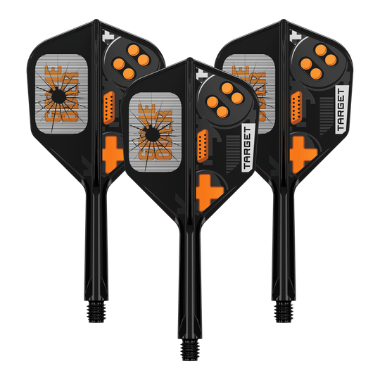 Das Bild zeigt ein Set von Dart Flights. Es handelt sich um das Modell 410577 Target K-Flex GameOver No6 Flights 26mm 1Set.