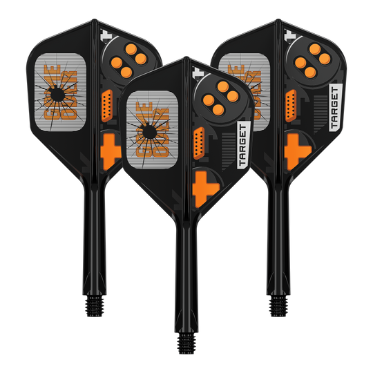 Target K-Flex Game Over No6 Flights Das Bild zeigt ein Set von Dart Flights. Es handelt sich um das Modell 410577 Target K-Flex GameOver No6 Flights 26mm 1Set.