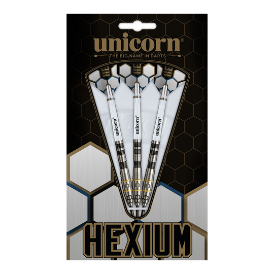 Unicorn Hexium Style 01 Black & Gold Steeldarts Unicorn Hexium Style 01 Black & Gold Steeldarts sind auf diesem Bild abgebildet. Die Abbildung zeigt die schwarzen und goldenen Steeldarts in Nahaufnahme.