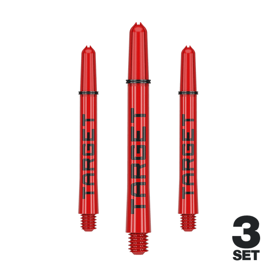 Das Bild zeigt drei rote Dartschäfte mit der Aufschrift "TARGET". Unten rechts steht "3 SET", was auf ein Set mit drei Stück hinweist.