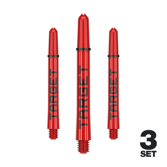 Target Pro Grip TAG Shafts - 3 Sets - Red Das Bild zeigt drei rote Dartschäfte mit der Aufschrift "TARGET". Unten rechts steht "3 SET", was auf ein Set mit drei Stück hinweist.