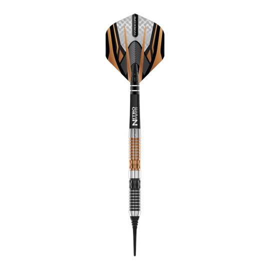 Red Dragon Panterra soft darts - 20g Das Bild zeigt einen Red Dragon Panterra Softdart mit einem Gewicht von 20g. Der Dart hat ein markantes Design mit schwarzen, goldenen und silbernen Elementen.