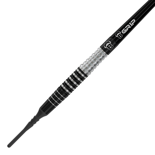 Bulls Martin Schindler Original Generation 3 soft darts Das Bild zeigt den Softdart "Bulls Martin Schindler Original Generation 3". Der Dartpfeil hat ein stilvolles Design mit schwarzen und silbernen Rillen am Griff.