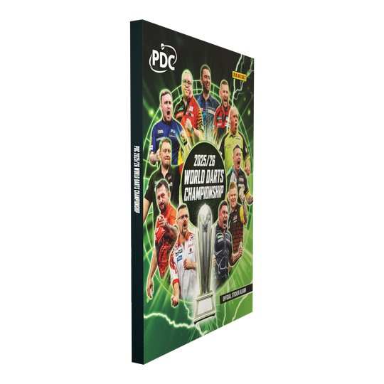 Das Bild zeigt das Panini PDC World Darts Championship 2025/26 Official Sticker Hardcover Sammelalbum. Das stabile Album ist perfekt zum Aufbewahren und Präsentieren der gesammelten Sticker geeignet.