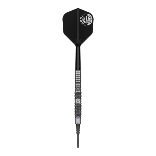 Target Japan Yuta Hayashi Sirius GEN3 Soft Darts - 19g Das Bild zeigt einen Softdartpfeil mit schwarzem Flight und silbernem, strukturiertem Barrel. Es handelt sich um das Modell "Target Japan Yuta Hayashi Sirius GEN3 Softdarts - 19g".