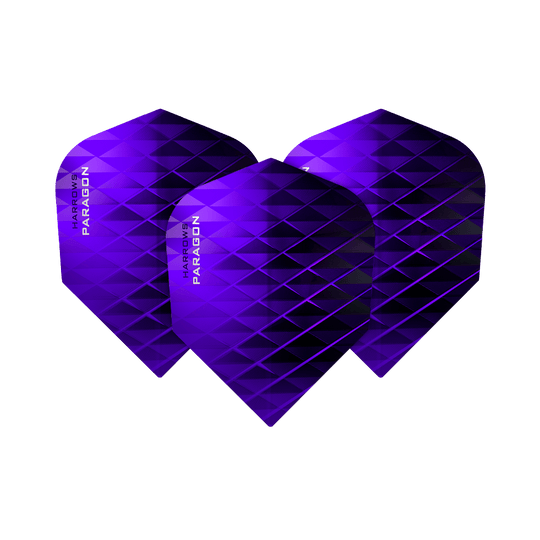 Das Bild zeigt drei Harrows Paragon Purple No2 Standard Flights. Sie sind in einem leuchtenden Lila mit einem geometrischen Muster gestaltet.