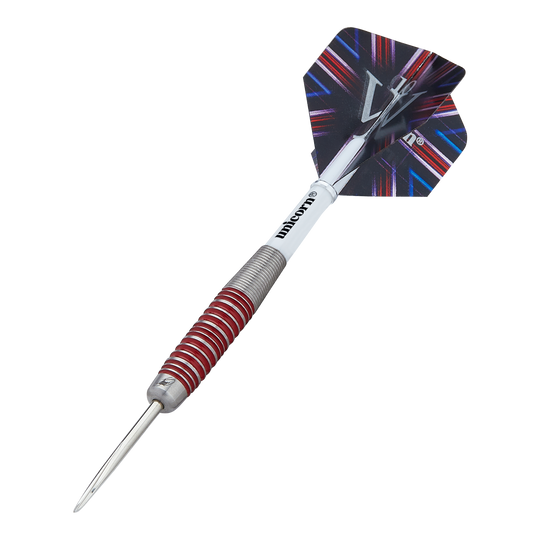 Unicorn The Machine James Wade 90% steel darts Das Bild zeigt einen Steeldart der Marke "Unicorn The Machine James Wade 90%". Der Dart hat einen silbernen Griff mit roten Ringen und eine bunte Flightscheibe am Ende.
