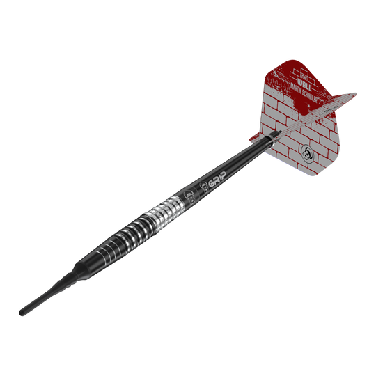Bulls Martin Schindler Original Generation 3 soft darts Das Bild zeigt einen Softdart aus der Serie "Bulls Martin Schindler Original Generation 3". Der Dart hat ein schwarzes und silbernes Barrel sowie eine rot-weiße Flight mit Mauerstein-Design.