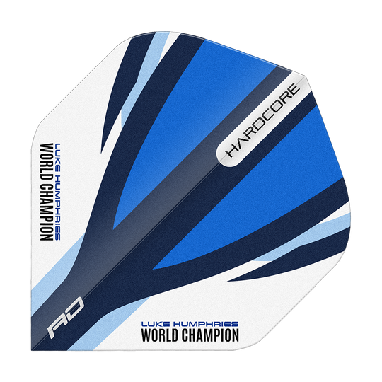 Das Bild zeigt einen Dart-Flight in den Farben Blau, Weiß und Schwarz mit dem Aufdruck "LUKE HUMPHRIES WORLD CHAMPION". Auf dem Flight stehen außerdem die Wörter "HARDCORE" und "RD".