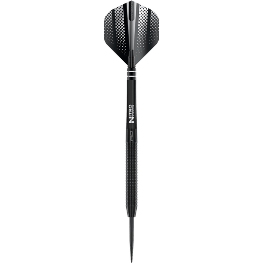Das Bild zeigt einen schwarzen Steeldart mit dem Namen "Red Dragon Razor Edge". Der Dart hat ein modernes Design mit geriffeltem Griff und schwarzer Spitze.