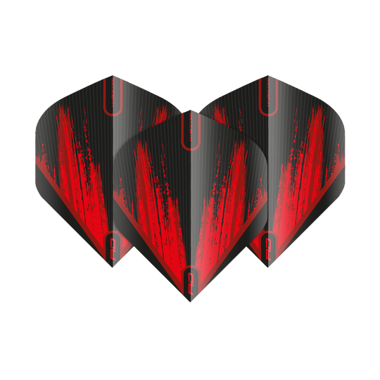TF6442_Red_Dragon_Hardcore_Black_Red_V2_Standard_Flights_1HqqTe7wkGqWaN Das Bild zeigt drei Dartflights in Schwarz mit auffälligen roten Streifen. Die Flights tragen das Design "Red Dragon Hardcore Black Red V2 Standard".