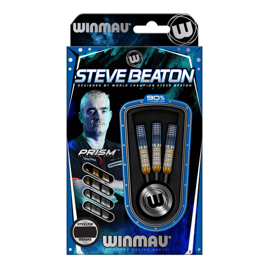 Auf dem Bild ist eine Verpackung der "Winmau Steve Beaton Legend Series Steeldarts" zu sehen. Die Verpackung zeigt drei Steeldarts und ein Bild von Steve Beaton.