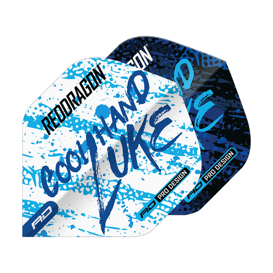 Das Bild zeigt die Red Dragon Luke Humphries World Champion Blue White Yin Yang Standard Flights. Die Flights sind in Blau, Weiß und Schwarz mit auffälligem Schriftzug und Farbspritzern gestaltet.