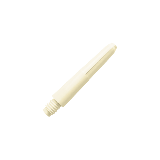 575_Nylon_Shafts_Naturweiss_28mm_2 Das Bild zeigt einen Nylon-Schaft in der Farbe Naturweiß. Der Schaft hat ein schlichtes, glattes Design mit einem Gewinde am unteren Ende.