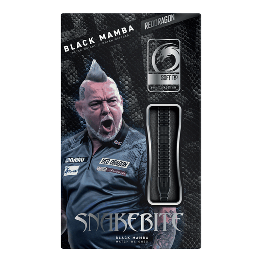 Red Dragon Peter Wright Snakebite Black Mamba Soft Darts - 20g Dargestellt ist der Red Dragon Peter Wright Snakebite Black Mamba Softdart mit 20g. Dieser Softdart richtet sich an ambitionierte Spieler und besticht durch hohe Qualität.
