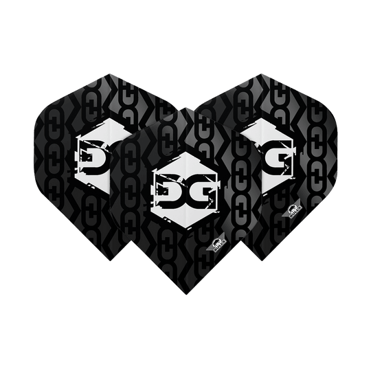 Das Bild zeigt drei schwarze Dartflights mit einem Kettenglied-Muster. In der Mitte befindet sich ein weißes Logo mit den Buchstaben "MK".