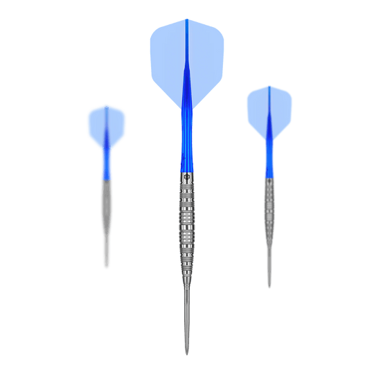 Das Bild zeigt Caliburn Rix EZ-EVO R6 Steeldarts in einem Set. Diese Steeldarts sind speziell für Präzisionswürfe entwickelt.