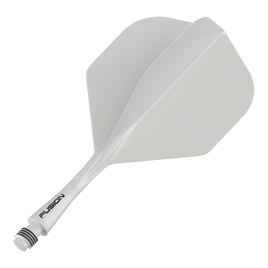 Winmau Fusion Flight Shaft System Standard White Das Bild zeigt ein weißes Dartflug- und Schaftsystem. Auf dem Schaft ist das Wort "FUSION" zu sehen.