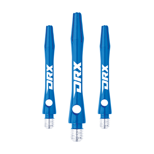 C630_Red_Dragon_DRX_Coated_Aluminium_Shafts_Blau_36mm_1 Das Bild zeigt drei blaue DRX-beschichtete Aluminium-Schäfte von Red Dragon. Die Schäfte haben ein glänzendes Finish und das weiße DRX-Logo an der Seite.