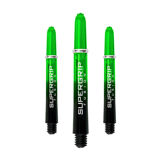 HR340_Harrows_Supergrip_Fusion_Shafts_Gr-n_40mm_16ihaQDlU3fr0w Das Bild zeigt drei grüne Harrows Supergrip Fusion Shafts. Die Shafts sind schwarz und grün mit weißer Aufschrift.