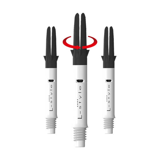 Auf dem Bild sind drei weiße L-Style Dartschäfte mit schwarzem oberen Teil zu sehen. In der Mitte zeigt ein roter Pfeil, dass sich der obere Teil des Schafts drehen kann.