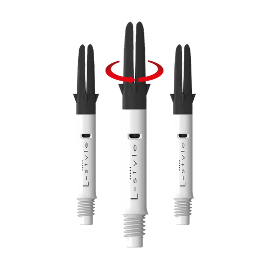 L-L-Style-Shaft Carbon Silent Straight - White Auf dem Bild sind drei weiße L-Style Dartschäfte mit schwarzem oberen Teil zu sehen. In der Mitte zeigt ein roter Pfeil, dass sich der obere Teil des Schafts drehen kann.