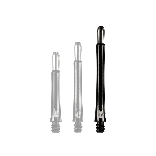 146210_Target_Grip_Style_Aluminium_Shafts_Schwarz_485mm_1dTTfEOE7NtZXb Das Bild zeigt drei schwarze Aluminiumschäfte für Darts in unterschiedlichen Längen. Die Schäfte haben silberne Details an den Enden.