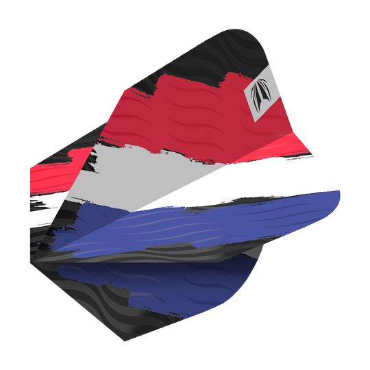 Das Bild zeigt das Produkt "Target Pro Ultra Flag Holland Ten-X Flights". Die Dart-Flights sind in den Farben der niederländischen Flagge gestaltet: Rot, Weiß und Blau.
