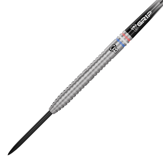 Hier sieht man die Bulls Challenger Kendji Steinbach Steeldarts mit 23g Gewicht. Die Darts sind aus robustem Material gefertigt und für Wettkämpfe geeignet.