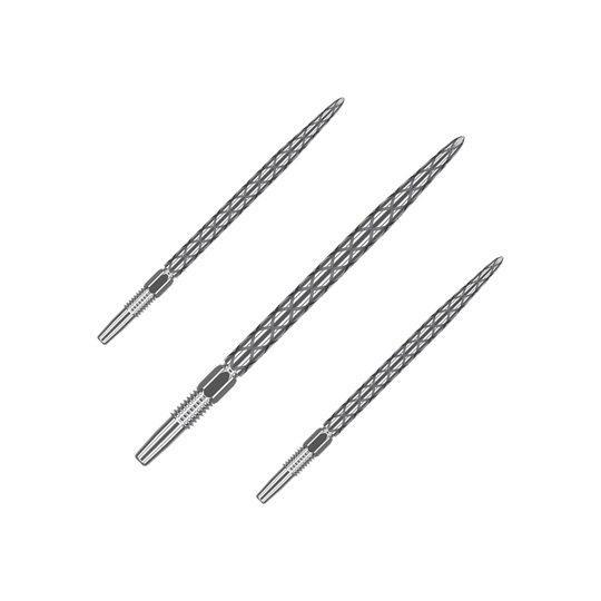 Target Swiss Diamond Pro Silver Points dart tips Das Bild zeigt drei silberne Dartspitzen mit einem Rautenmuster. Sie sind schmal und haben ein detailliertes, strukturiertes Design.