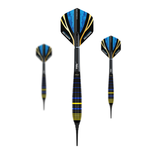 Red Dragon Luke Humphries World Champion Brass Softdarts - 20g Das Bild zeigt drei Softdarts des Modells "Red Dragon Luke Humphries World Champion Brass Softdarts - 20g". Die Darts haben schwarze, blaue und gelbe Farbakzente sowie Flights mit blauen und goldenen Details.